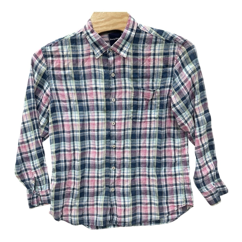Tommy Bahama Linen Shirt Mens XL Pink Blue Long Sleeve Plaid Pattern‎ Beach